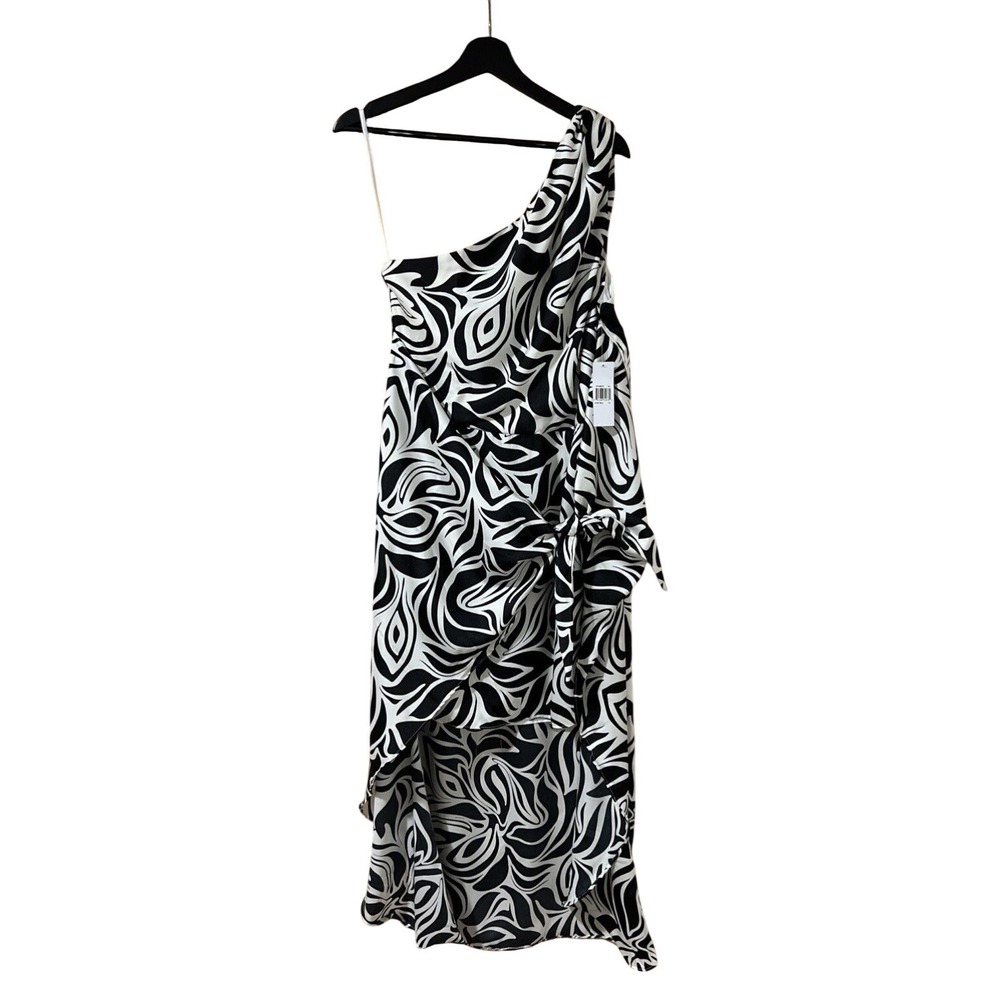 Donna Morgan Women's Size 12 One Shoulder High Low‎ Midi Dress Ivory Black Swirl